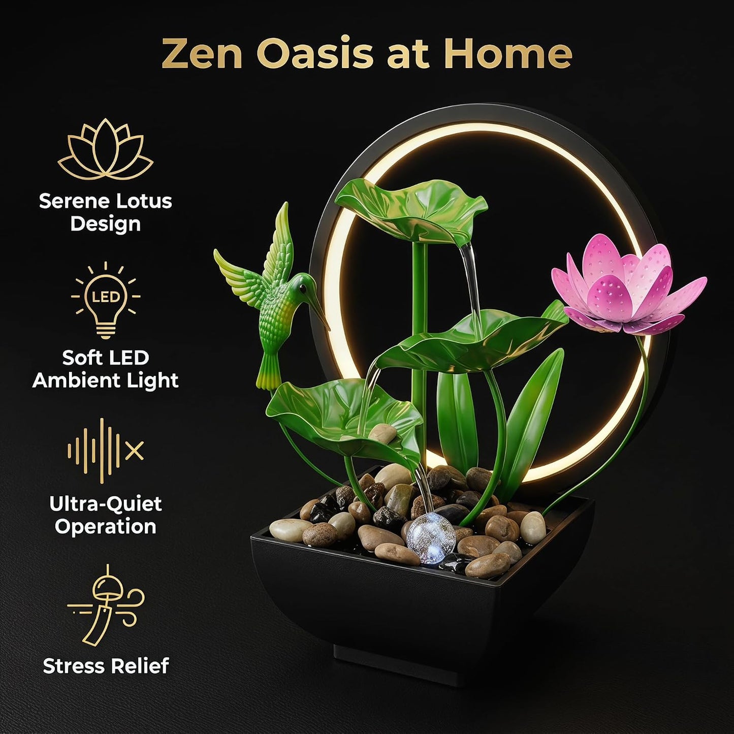 Tabletop Fountain,Indoor Water Fountain,Home Fengshui Décor Zen Relaxation Soothing Sound Machine for Office,Living Room,or Bedroom,Green Lotus,Hummingbird & Pink Flower