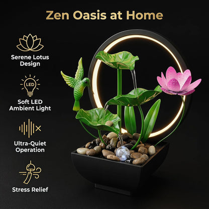 Tabletop Fountain,Indoor Water Fountain,Home Fengshui Décor Zen Relaxation Soothing Sound Machine for Office,Living Room,or Bedroom,Green Lotus,Hummingbird & Pink Flower,9.1inch