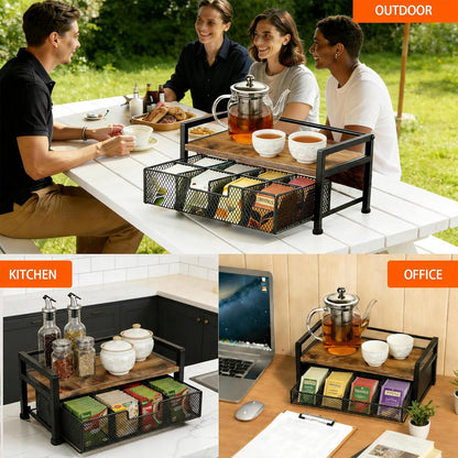 Tea Bag Organizer, Wooden Tea Box with Drawer and Top Tray, Rustic Brown