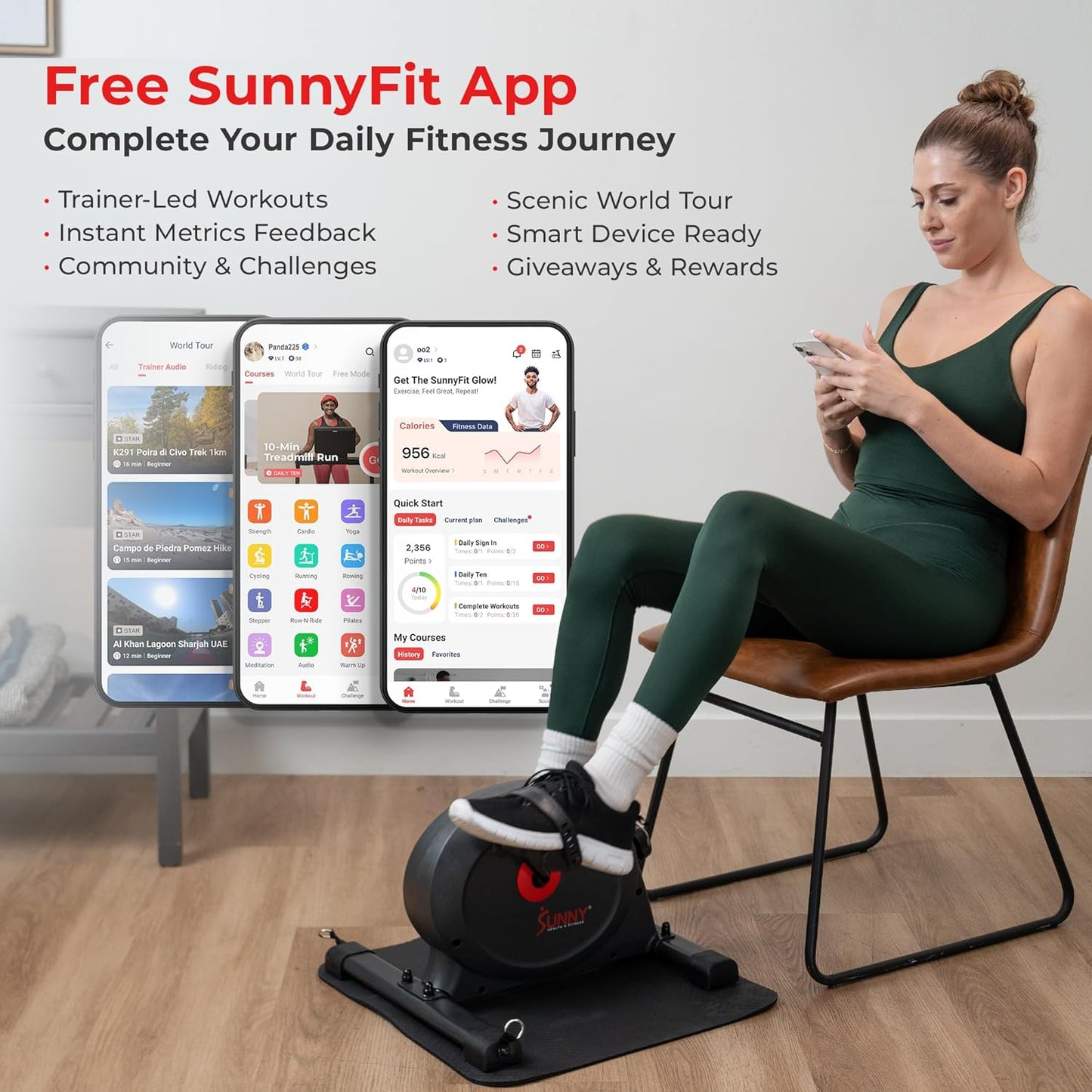 Sunny Health & Fitness Smart Under-Desk Bike Exerciser, Low-Impact Cardio Cycling Equipment for Home/Office, Mini Paddler for Arm/Leg Mobility Training, Free SunnyFit App