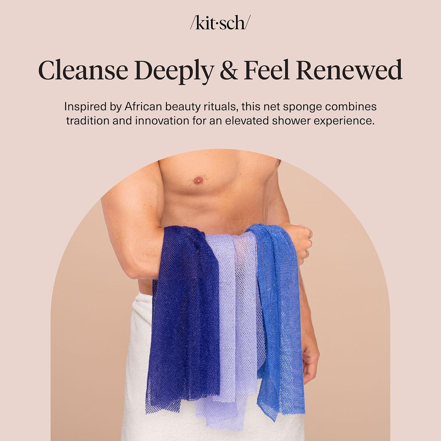 Kitsch African Net Sponge – Exfoliating Body Scrubber for Cleansing & Gentle Daily Exfoliation – Stretchable Bath Sponge for Hard-to-Reach Areas, Long-Lasting Shower Essential - Aqua Grey, 3 Pcs