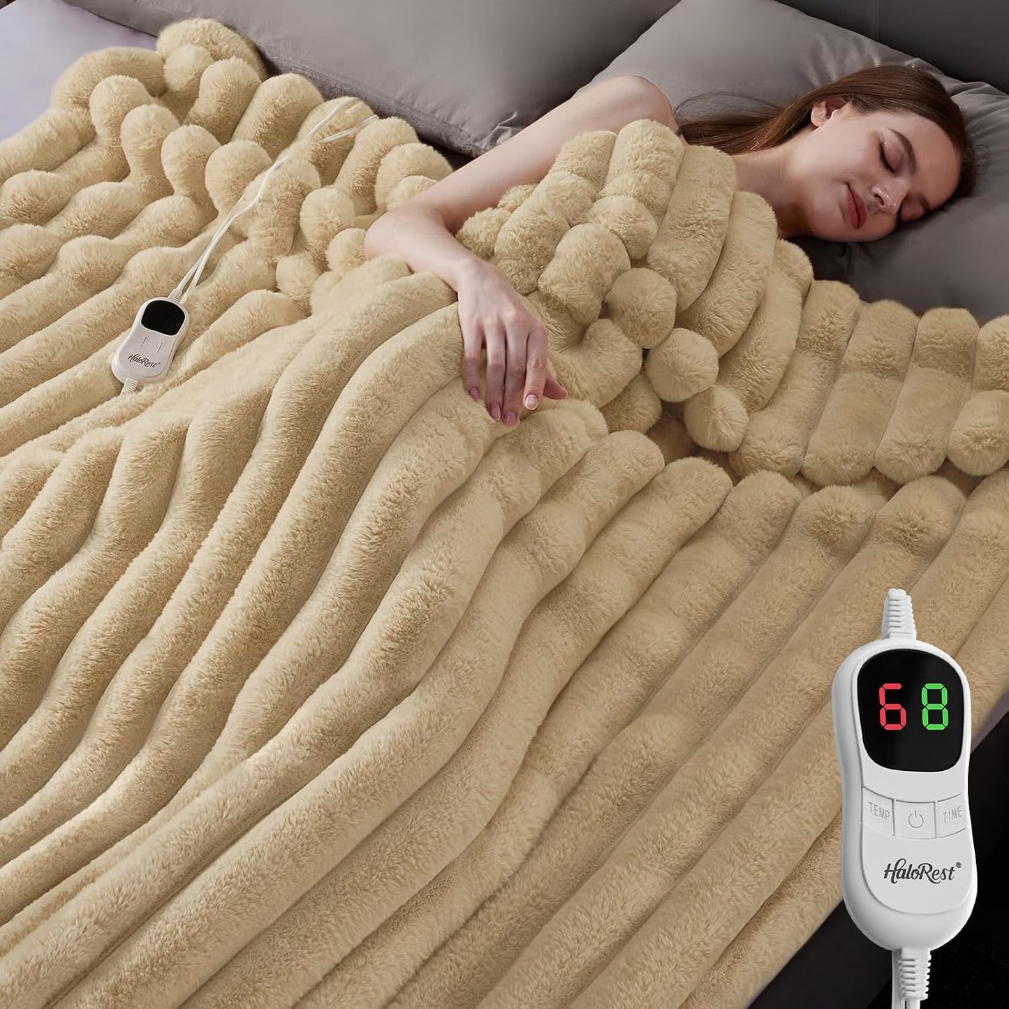Heated Throw Blanket, Faux Fur Cozy Heating Blanket with Overheat Protection, 1/2/4/6/8 Hours Auto-Off 10 Heat Level, Machine Washable (50x60 Inches, Cream White)