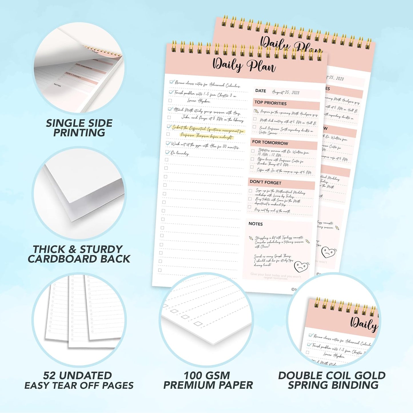 Decorably 52 Sheets Boho Undated Daily to Do List Notepad, 6.5x10in Spring-Bound Planner Pad, Easy Tear-Off Design, with Priorities, Checklist, Agenda, Reminders, Notes - Home, School, Office