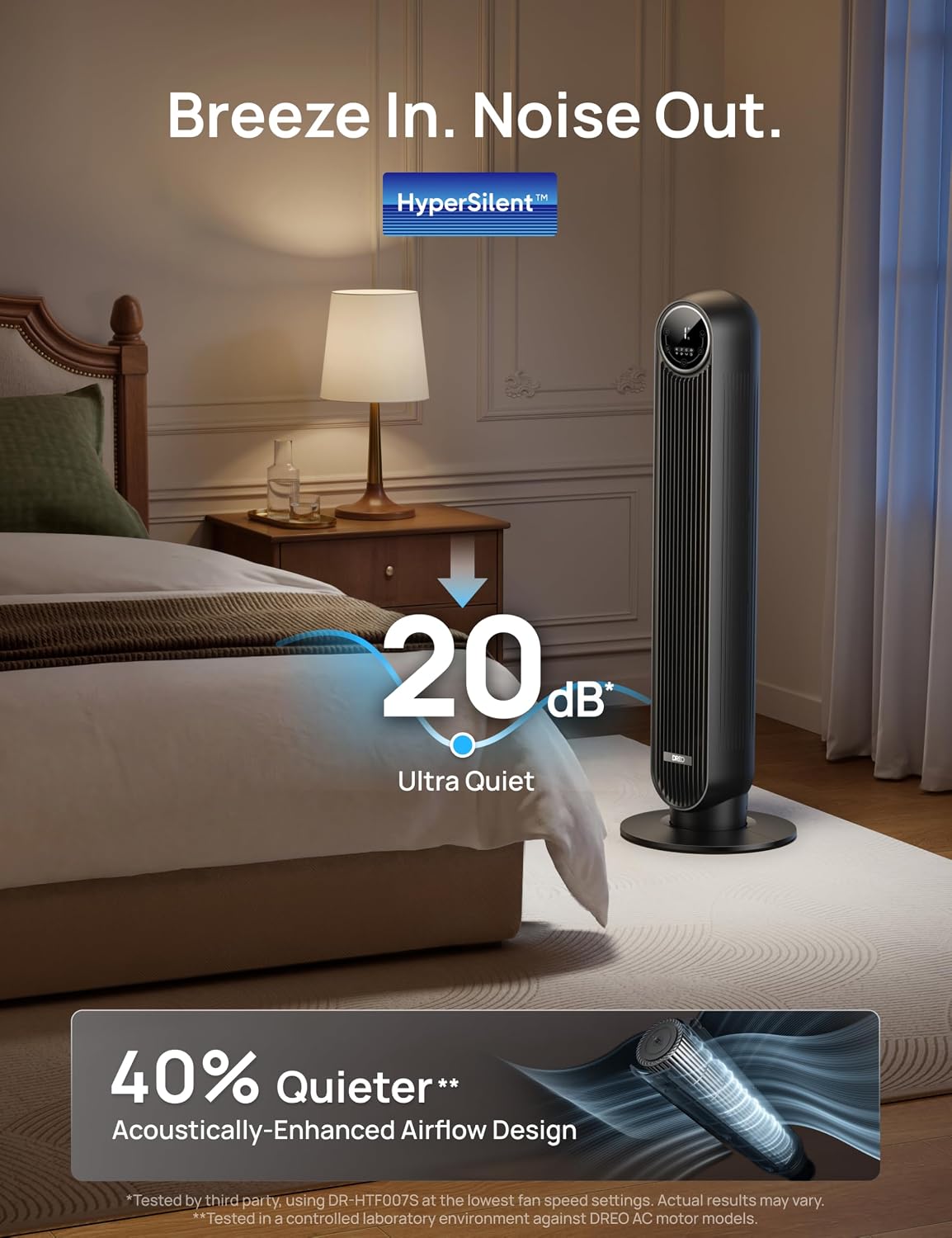DREO Tower Fan for Bedroom, 2026 Upgraded DC Motor, 28ft/s Smart Standing Fans, 90° Oscillating Floor Fan with 20dB Ultra Quiet, 8 Speeds 4 Modes, 8H Timer, Bladeless, Remote, WiFi Voice Control