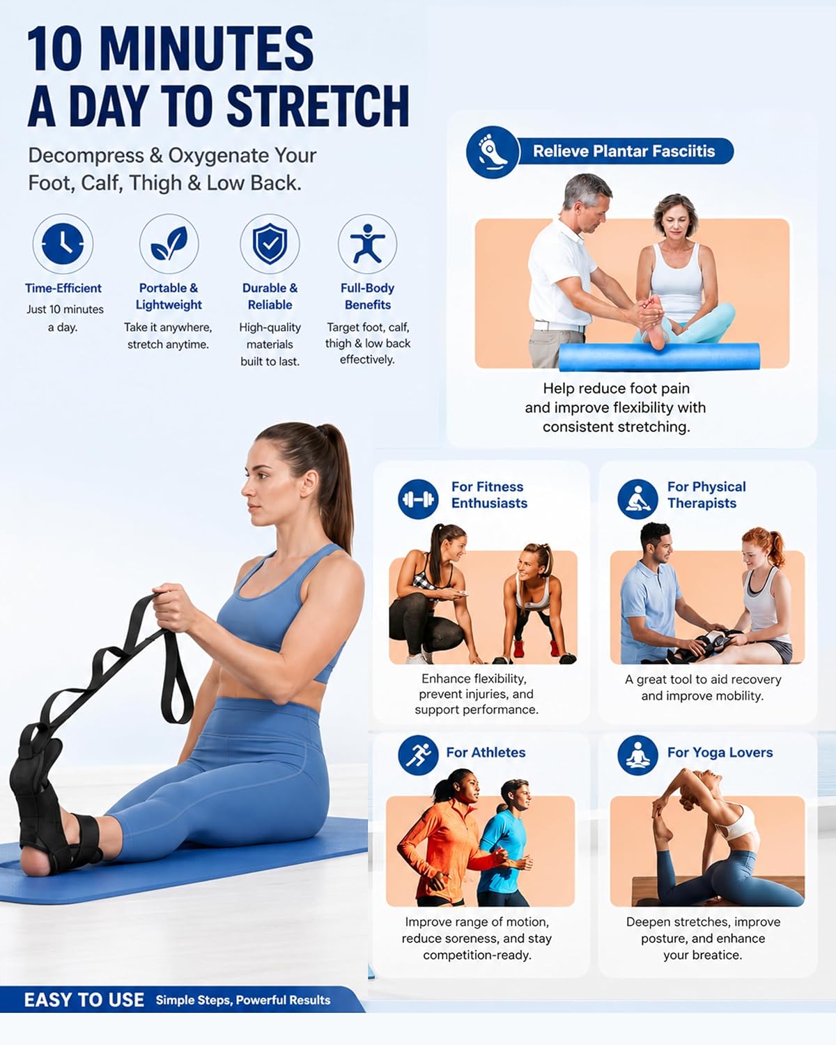 Foot & Calf Stretcher for Plantar Fasciitis Relief, Adjustable Stretching Strap & Foot Rocker Combo for Achilles Tendon, Heel Pain, Hamstring & Muscle Recovery – Physical Therapy Stretching Device for Home Use