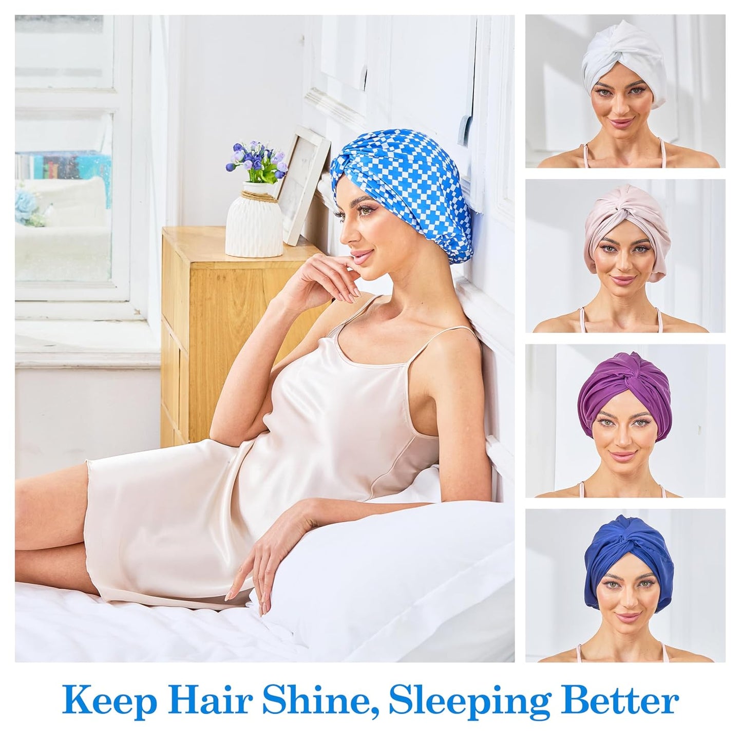 Adjustable Silk Satin Bonnet for Sleeping Hair Wrap, Double Layer Sleep Cap, Night Turban for Large Long Curly Braid Women Men Hair - Matcha Green