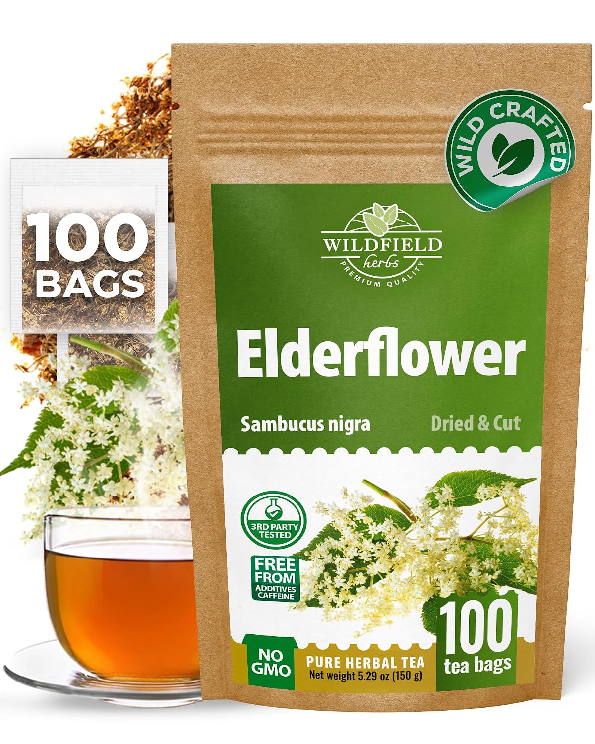 100 Bags Dried Elderflower Tea Herbal Tea (Flores Sambuci Nigrae) - 100 Count 1.5g Bags Elder Flower Herb Espino Blanco