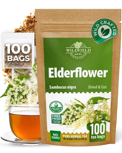100 Bags Dried Elderflower Tea Herbal Tea (Flores Sambuci Nigrae) - 100 Count 1.5g Bags Elder Flower Herb Espino Blanco