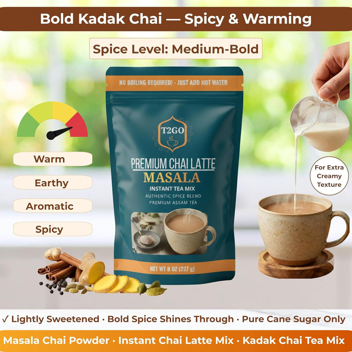 T2GO Instant Masala Chai Tea Latte Powder – Just Add Water, 8 oz
