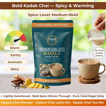T2GO Instant Masala Chai Tea Latte Powder – Just Add Water, 8 oz