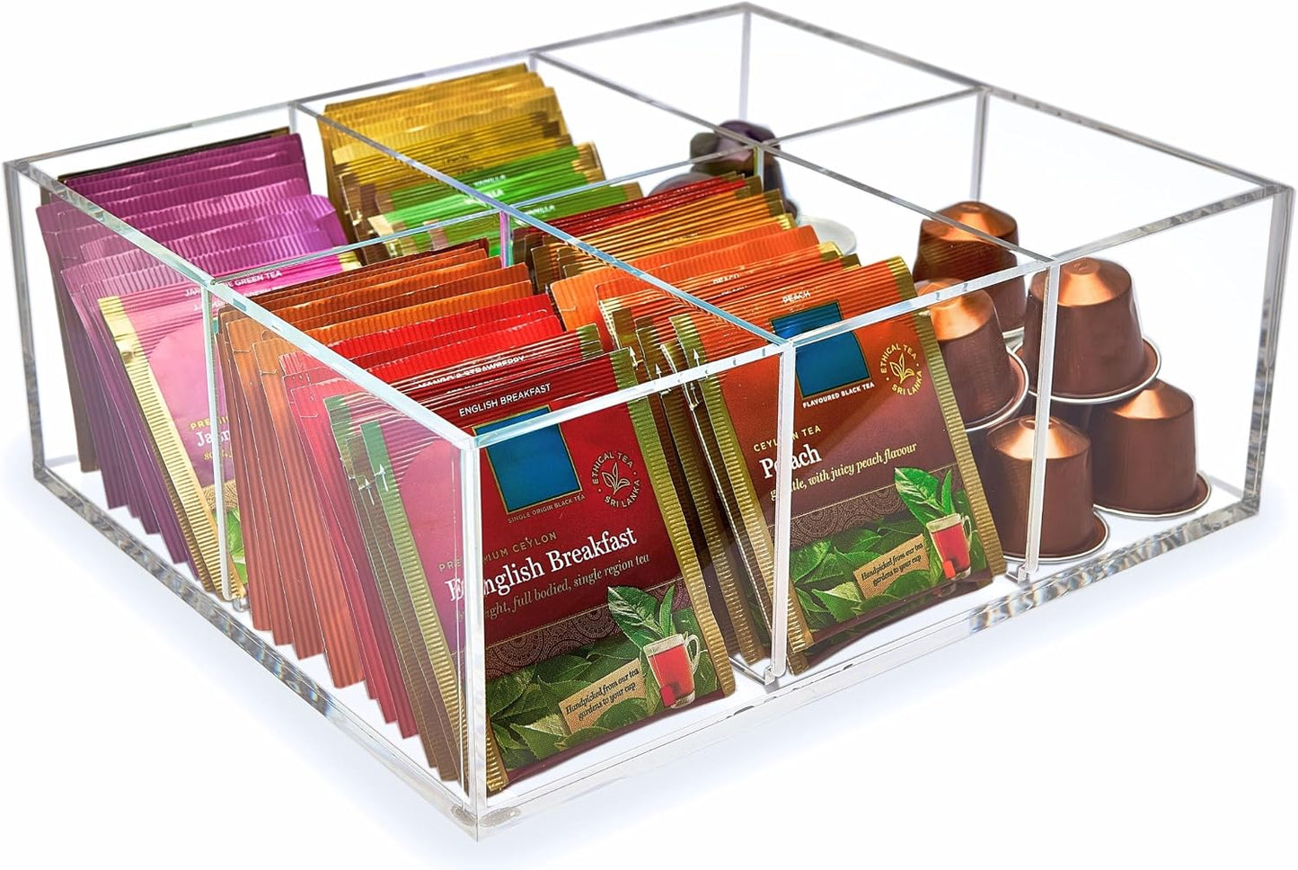 Heavy-Duty Acrylic Tea Bag Organizer, 8-Compartment Storage Box | Perfect Organizer: 8-compartment design keeps tea bags and coffee pods neatly sorted, saving space on your countertop.