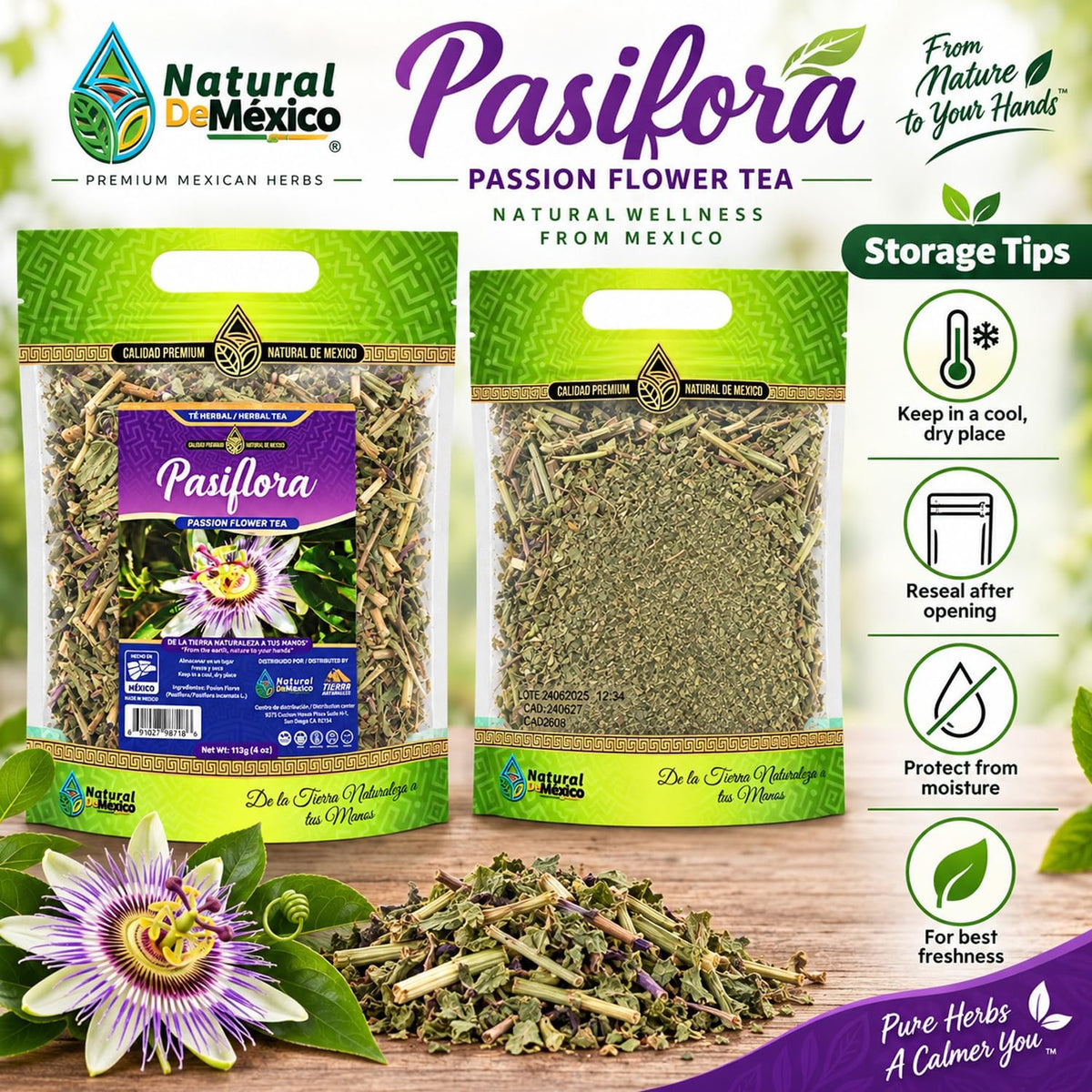 Natural de Mexico Pasiflora - Passion Flower Herbal Tea, Loose Dried Herb for Traditional Infusion, Resealable Pouch 4 oz (113 g)