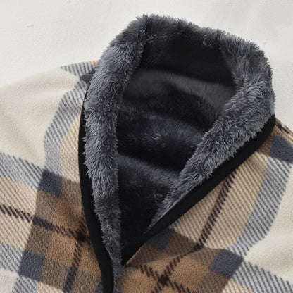 forestfish Fleece Wearable Blanket, Plaid Lap Blanket Comfy Poncho Throw with Buttons for Bed Sofa Office, Grey-White