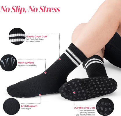 COOLMATE Pilates Socks with Grips for Women, Yoga Socks, Crew Non Slip Women for Barre, Pilates Gifts for Women - Colors B