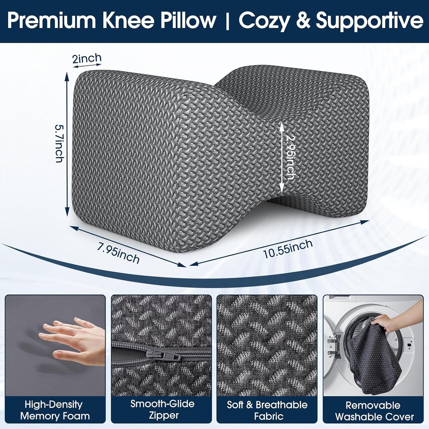 BlissTrends Memory Foam Knee Pillow, Knee Pillow for Side Sleepers, Leg Pillows for Sleeping Blood Circulation, Elevation Pillow for Spine Aligning, Sciatica, Back, Hip, Knee, Ankle Pain, Grey