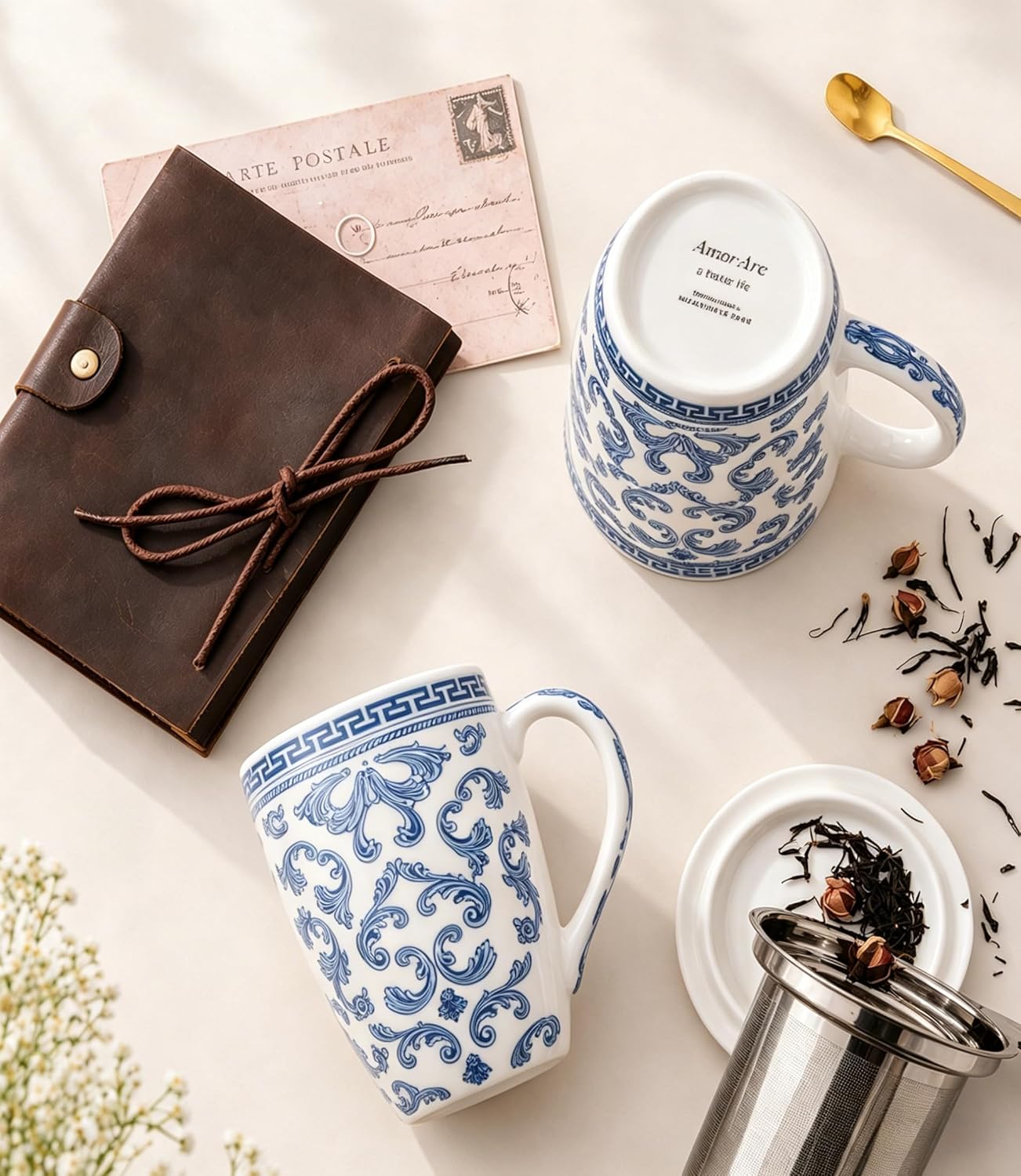 AmorArc 18oz Porcelain Tea Mug with Infuser & Lid, Loose Leaf Tea Cup with Stainless Steel Strainer, Large Coffee Mug Gift for Women, Tea Lovers, Home & Office