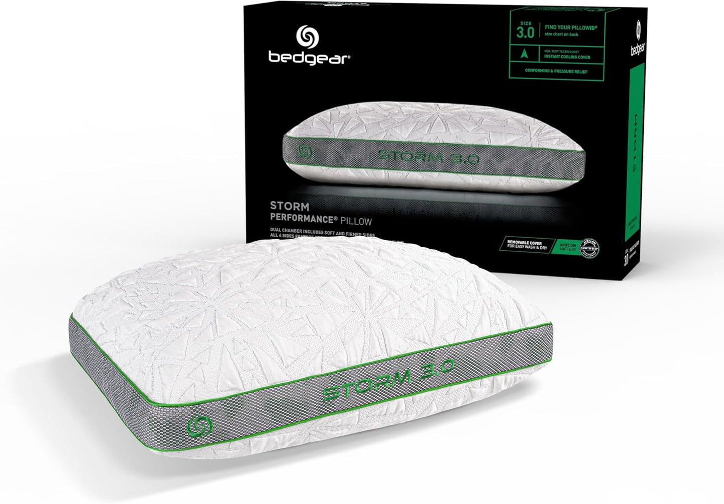 Bedgear Storm Performance Pillow, 1.0 Cooling Pillow for Side Sleepers, Medium Firm Support, Ver-Tex Cooling Cover, Air-X Mesh, Washable