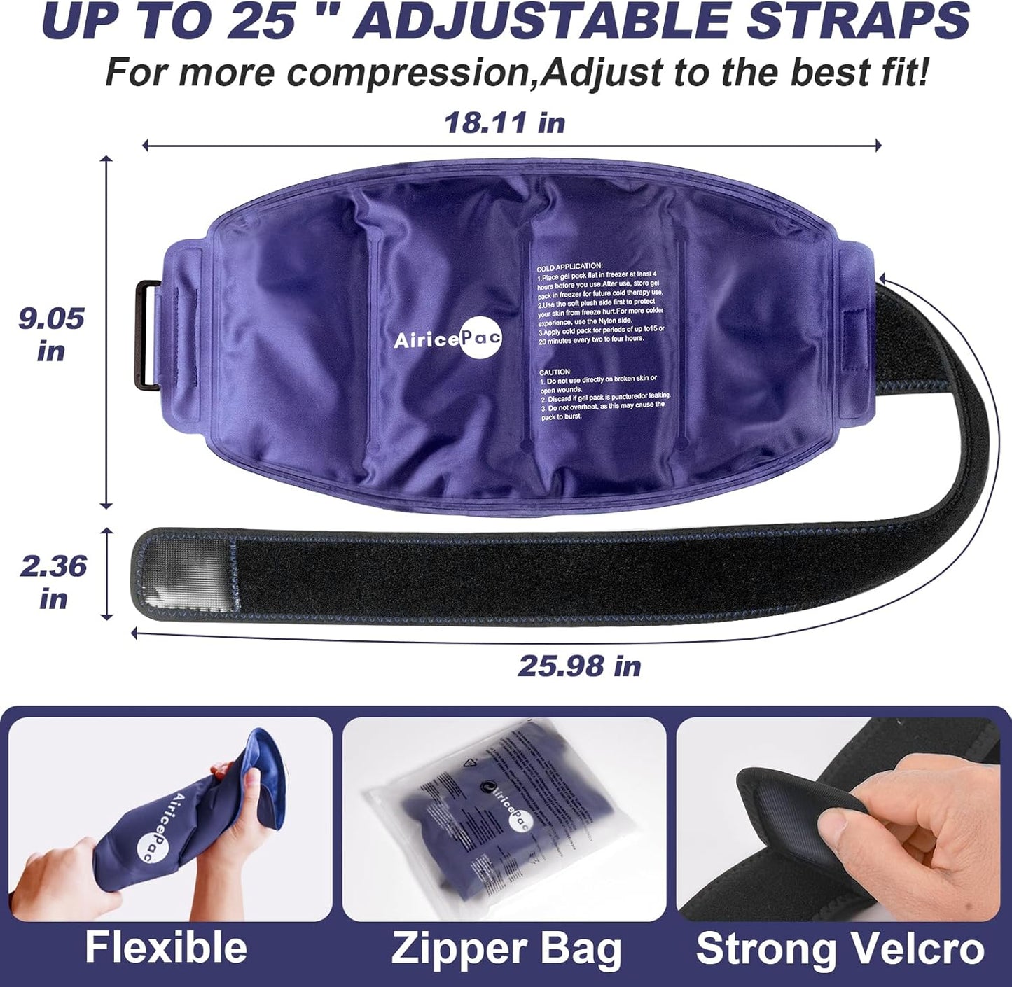 AiricePac 16 × 9" Large Ice Pack for Injuries Reusable Gel for Lower Back, Shoulder, Knee, Elbow, Hip, Leg, Soft Flexible Cold Compress for Pain Relief