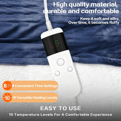 Electric Heated Blanket Throw Size 50''x60''-Control Heating Blanket, Soft & Warm Flannel 10-Level Temperature Control, 8 Hours Auto Off, Rapid Heating & Overheat Protection