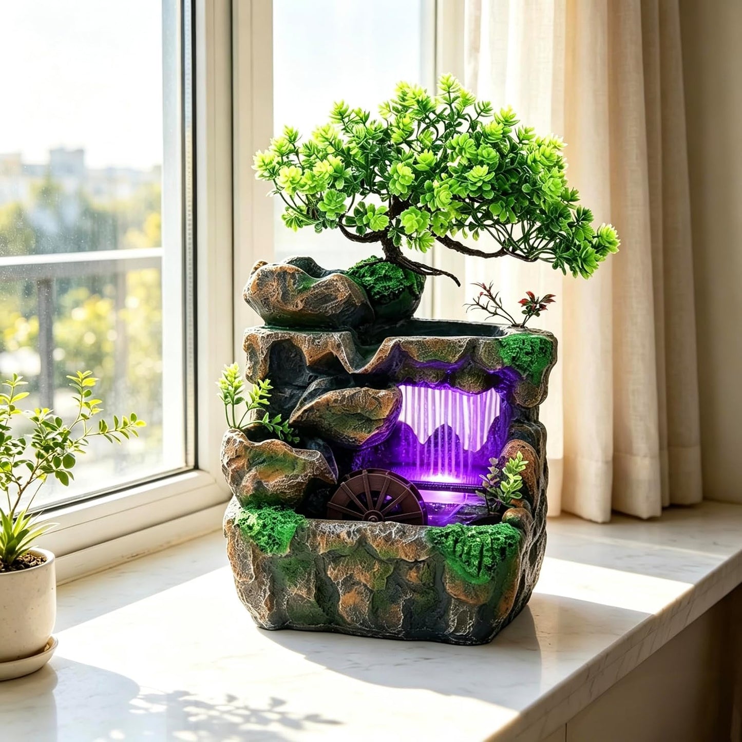 Mini Artificial Bonsai Tree Waterfall Fog Feature Rock Tabletop Fountain | 11in Desktop Decor Waterfall Fountain W/ Water Pump& Atomizer&LED Lights &Fake Tree Office Bedroom Relax