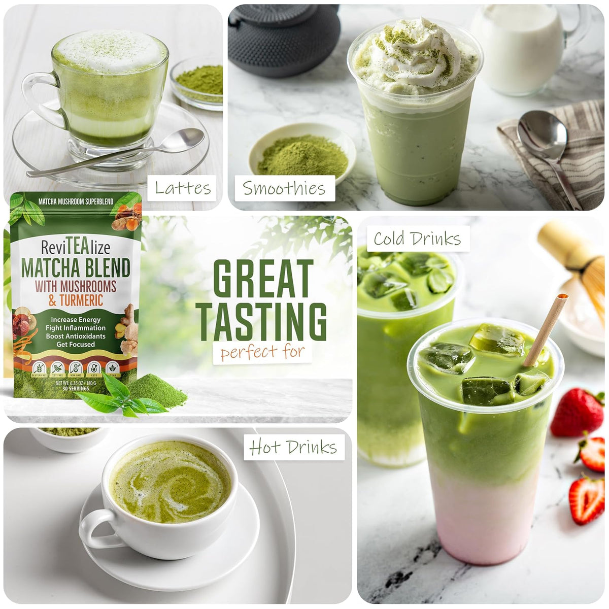 ReviTEAlize Mushroom Matcha Powder, Ceremonial Grade Matcha Powder 30 Svgs