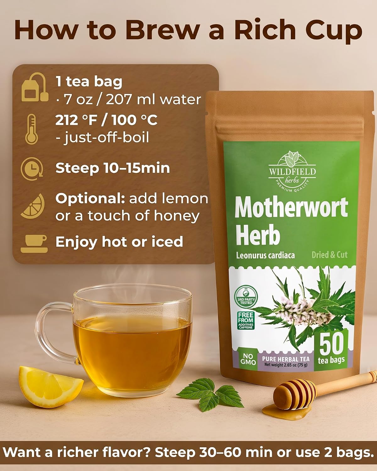 50 Bags Motherwort Tea Dried Motherwort Herb (Leonuri Herba) - 50 Tea Bags 1.5g Leonurus