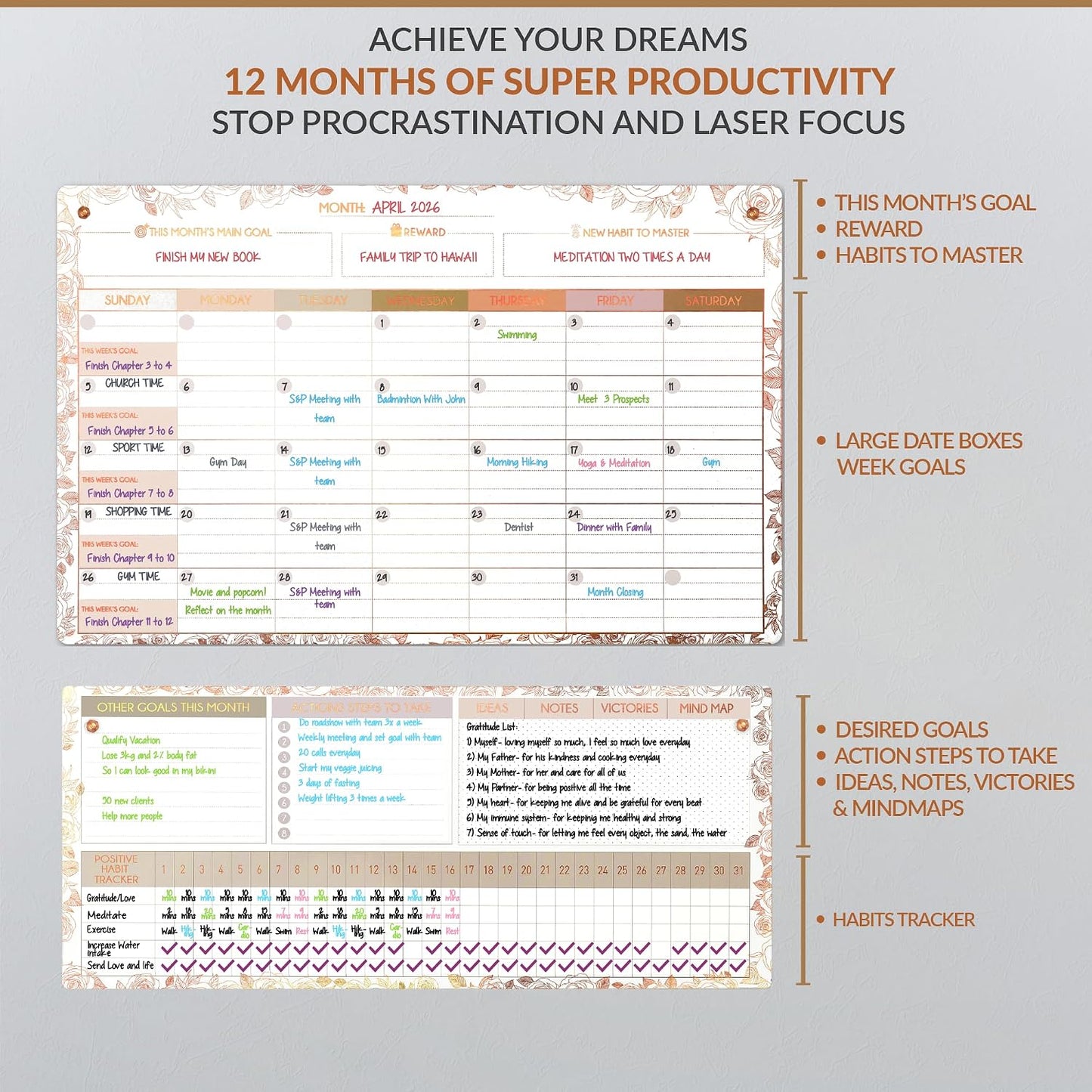 Magnetic Whiteboard for Fridge - Large Dry Erase Calendar for Wall | 2 Magnetic Dry Erase Board 10.5" x 16.5" & 7" x 16.5", Monthly Goal Setting & Habit Tracker, 5 Markers and 6 Adhesive Hooks
