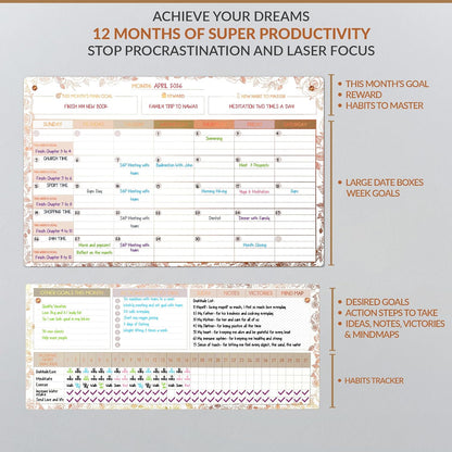 Magnetic Whiteboard for Fridge - Large Dry Erase Calendar for Wall | 2 Magnetic Dry Erase Board 10.5" x 16.5" & 7" x 16.5", Monthly Goal Setting & Habit Tracker, 5 Markers and 6 Adhesive Hooks