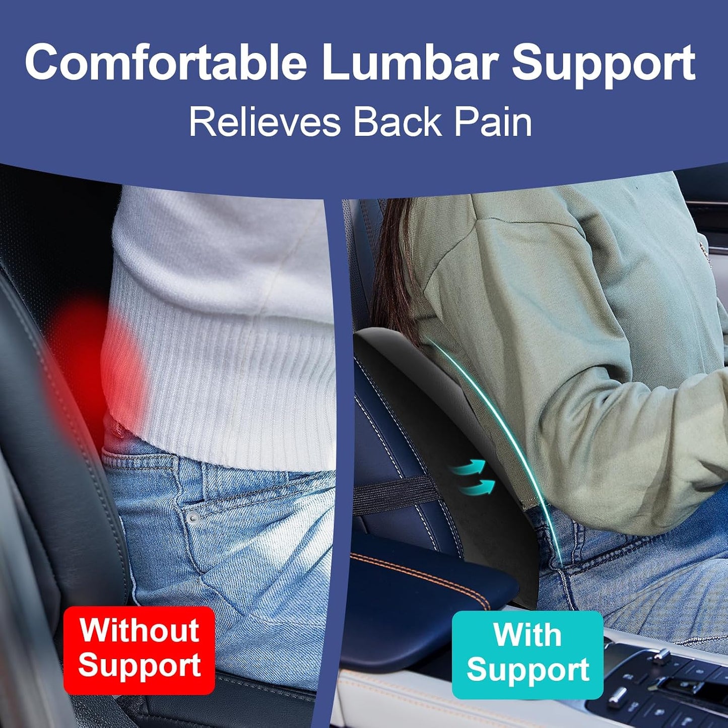 BYMECOST Lumbar Support Pillow for Car, Memory Foam Car Seat Back Support Pillow for Driving, Back Cushion with Strap for Pain Relief, Ergonomic Back Cushion for Office Chair, Wheelchair (Black)