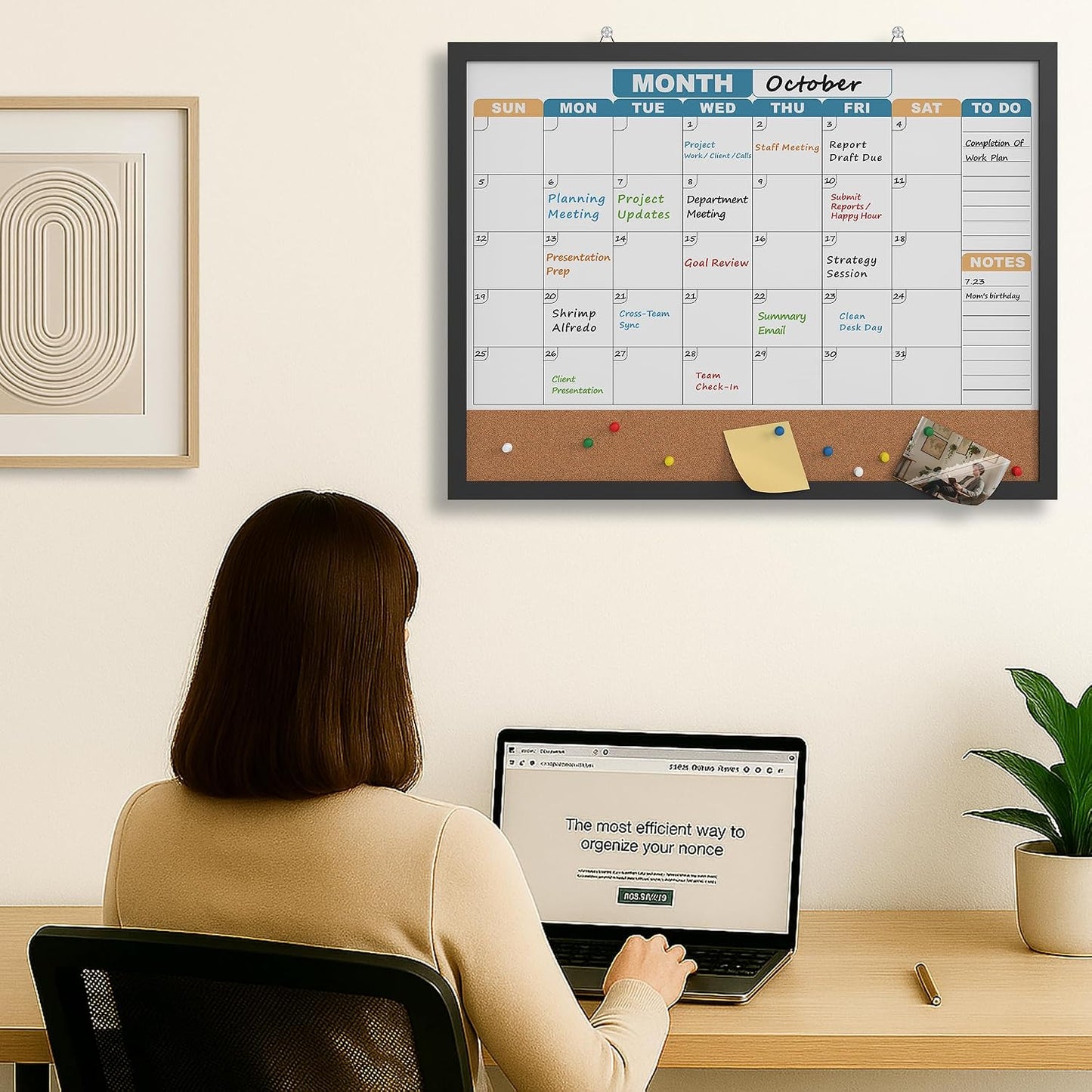 Monthly Calendar Dry Erase Board 16x12 Inch, Double-Sided Whiteboard and Corkboard Combo, Wall Mounted Planner Organizer with Markers, Magnets, Push Pins, Eraser, for Home Office School