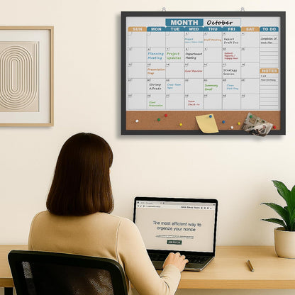 Monthly Calendar Dry Erase Board 16x12 Inch, Double-Sided Whiteboard and Corkboard Combo, Wall Mounted Planner Organizer with Markers, Magnets, Push Pins, Eraser, for Home Office School