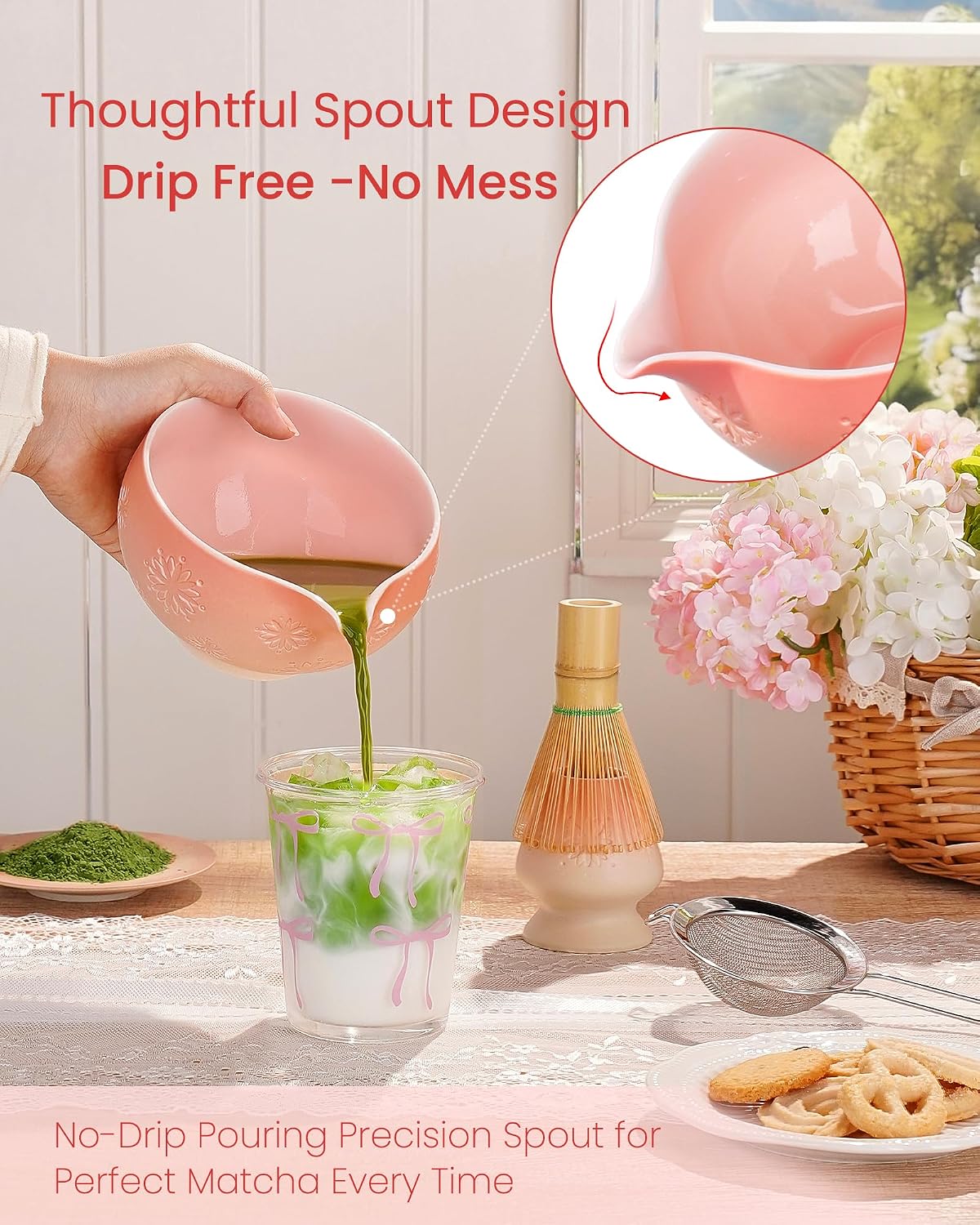 ZENS Matcha Whisk Set, Matcha Kit Set, Matcha Bowl with Spout, Bamboo Whisk & Scoop, Chasen Holder, 304 Sifter & Tea Mat, 6pcs Japaness Matcha Kit for Matcha Lovers, Birthday Gift, Pale Green