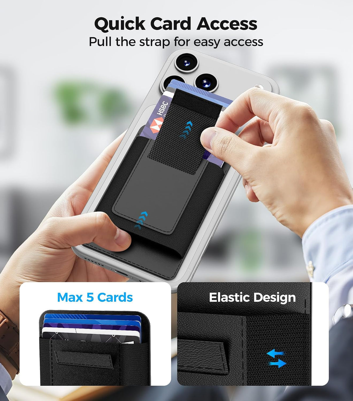 for MagSafe Wallet Works with Apple Find My, 5-Card RFID Holder with Pop-Up Strap, Strong Magnetic Wallet for iPhone 17/16/15/14/13/12 Pro Max Air Plus, Wireless Charging, Black