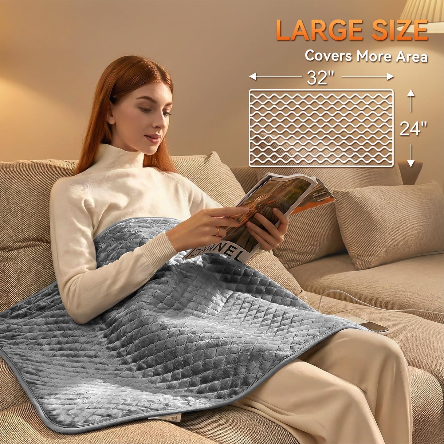 King Size Heating Pad for Back 32"x24" Extra Large Electric Heating Pad for Body Neck Shoulder Auto Shut Off Heat Pad Temperature Settings Machine Washable Gray
