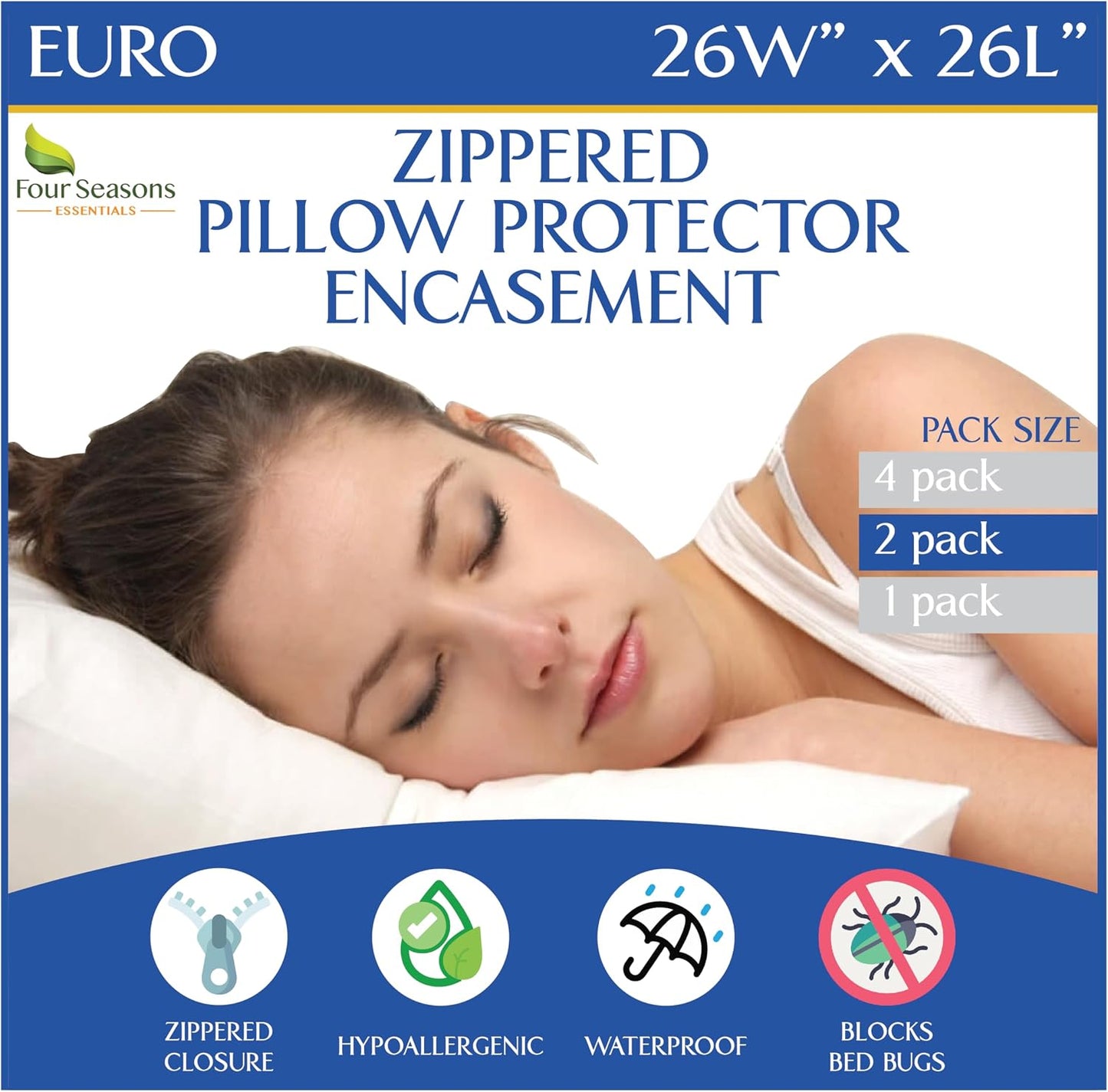 Four Seasons Essentials Standard Pillow Protectors (Set of 2) – Zippered Waterproof Pillow Covers Hypoallergenic Dust Proof Pillowcase Encasement Cover