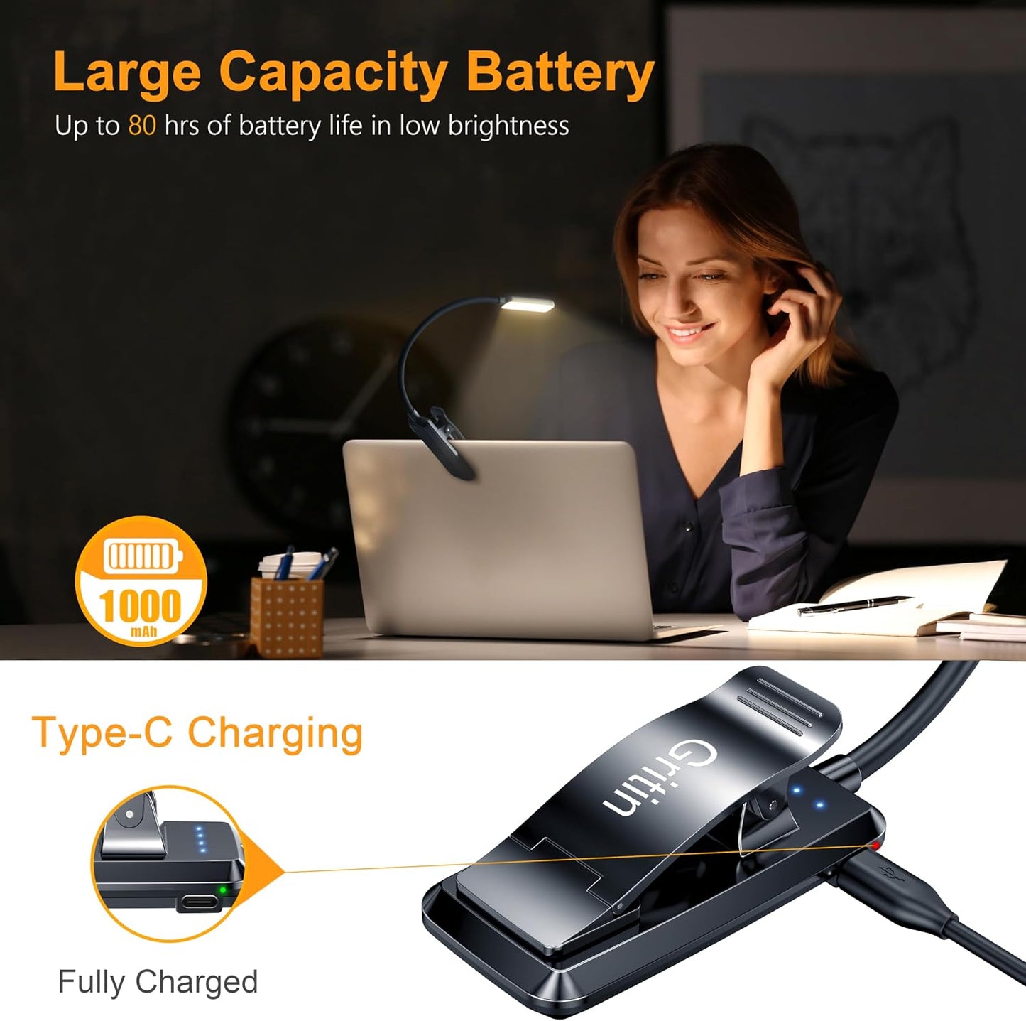 Gritin 9 LED Rechargeable Book Light for Reading in Bed | Eye Caring 3 Color Temps,Stepless Dimming Brightness,80 Hrs Runtime Small Lightweight Clip On Book Reading Light for Studying