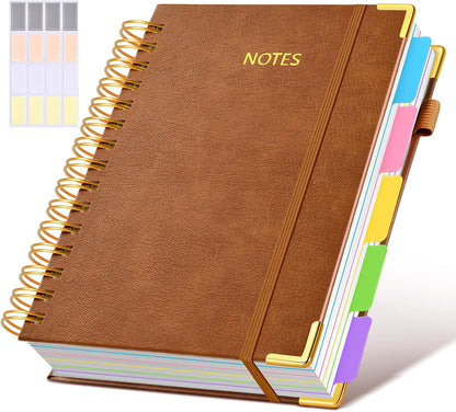 Hardcover Spiral Notebook journal with Removable Dividers Tabs, 300 Pages Leather 5 Subject Notebook College Ruled, 8"x10" Large B5 Notebooks for Work School Note taking, Lined Journal for Women,Black