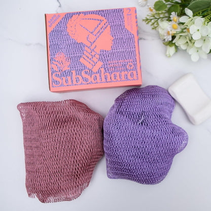 SubSahara Authentic African Net Sponge - 2 Pack Exfoliating Bath & Shower Loofah Sponge for Body & Face, Gentle Scrubber for All Skin Types, Travel, Durable Polyester (Olive Green & Light Green)