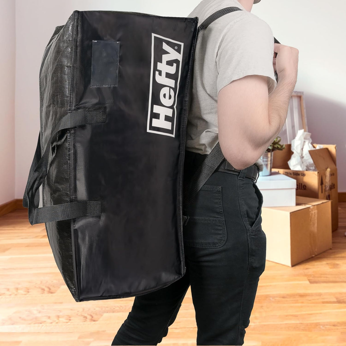 Hefty Storage Bags Extra Large Double Zipper Backpack, Heavy Duty Water Resistant Moving Totes with Shoulder Straps, Foldable Reusable Packing Organizers, (X-Large Black)