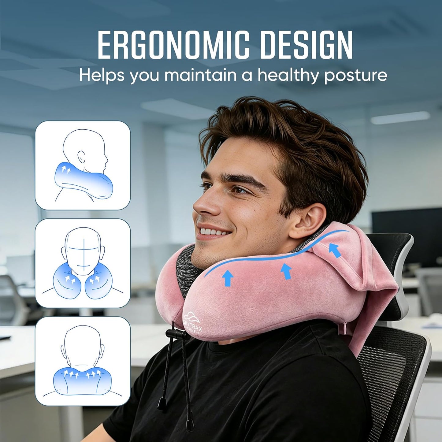 SkytraxComf® Travel Neck Pillow with Hood for Privacy on Long Flights | Memory Foam | Airplane Sleep | Safety-Tested Materials | Extra Large Hood | Chin Support | Earplugs | Washable Cover