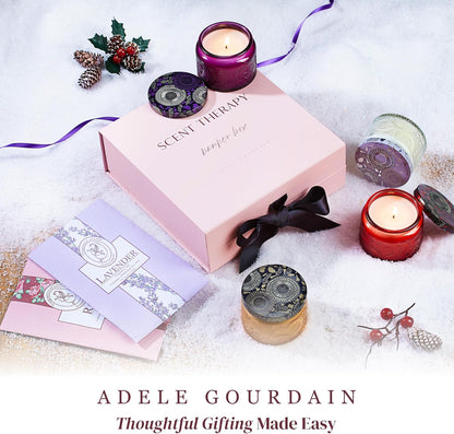 6-pc Scented Candle Gift Set for Women, Aromatherapy Inspired Adelegourdain | Incl. 4 Soy Wax Candles and 2 Fragrance Packets - Gift Ready Box - Scents incl. Bergamot, Maldivian Breeze, Jasmine, Berries