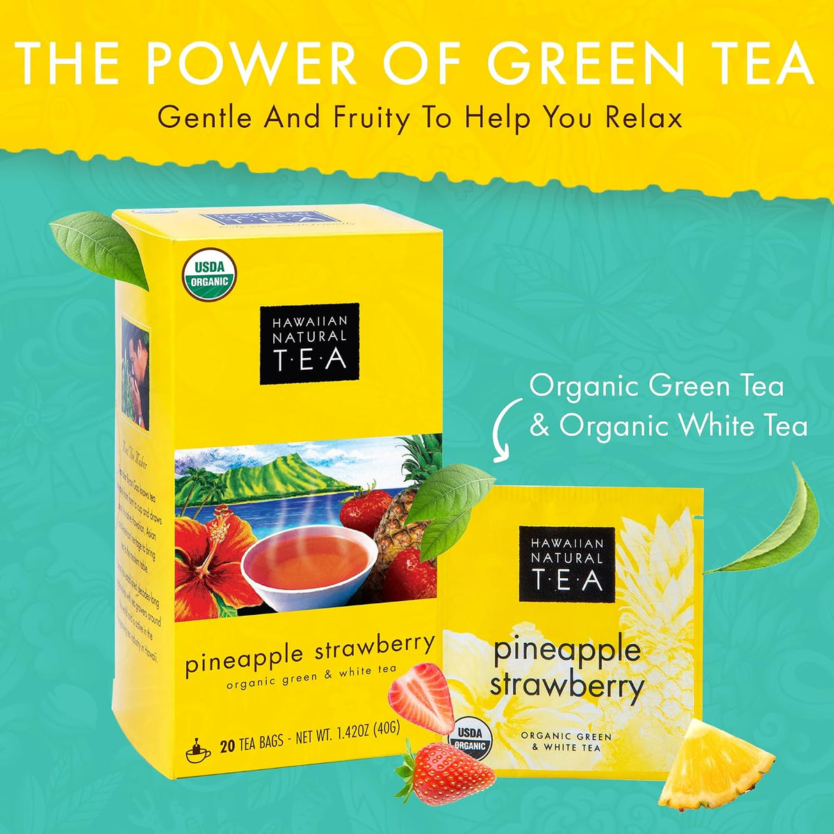 Hawaiian Natural Tea Pineapple Strawberry White & Green Tea Bags, 20 Count