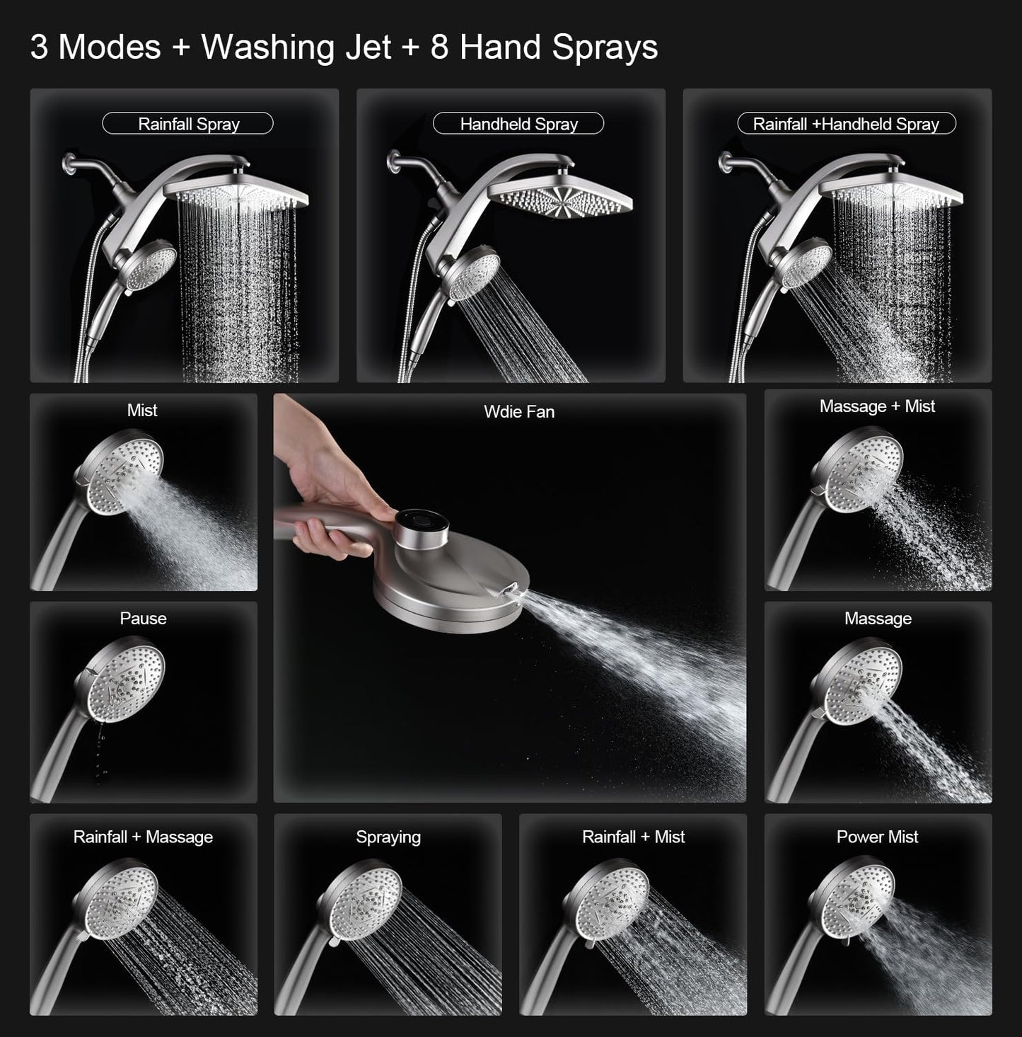 BOZYBO Rain Shower Head with Handheld: High Pressure Shower Heads with Handheld Spray Combo, 12" Rainfall Shower Head and 9 Sprays Hand Showerheads with Magnetic Docking and Power Jets, Black 1.75GPM