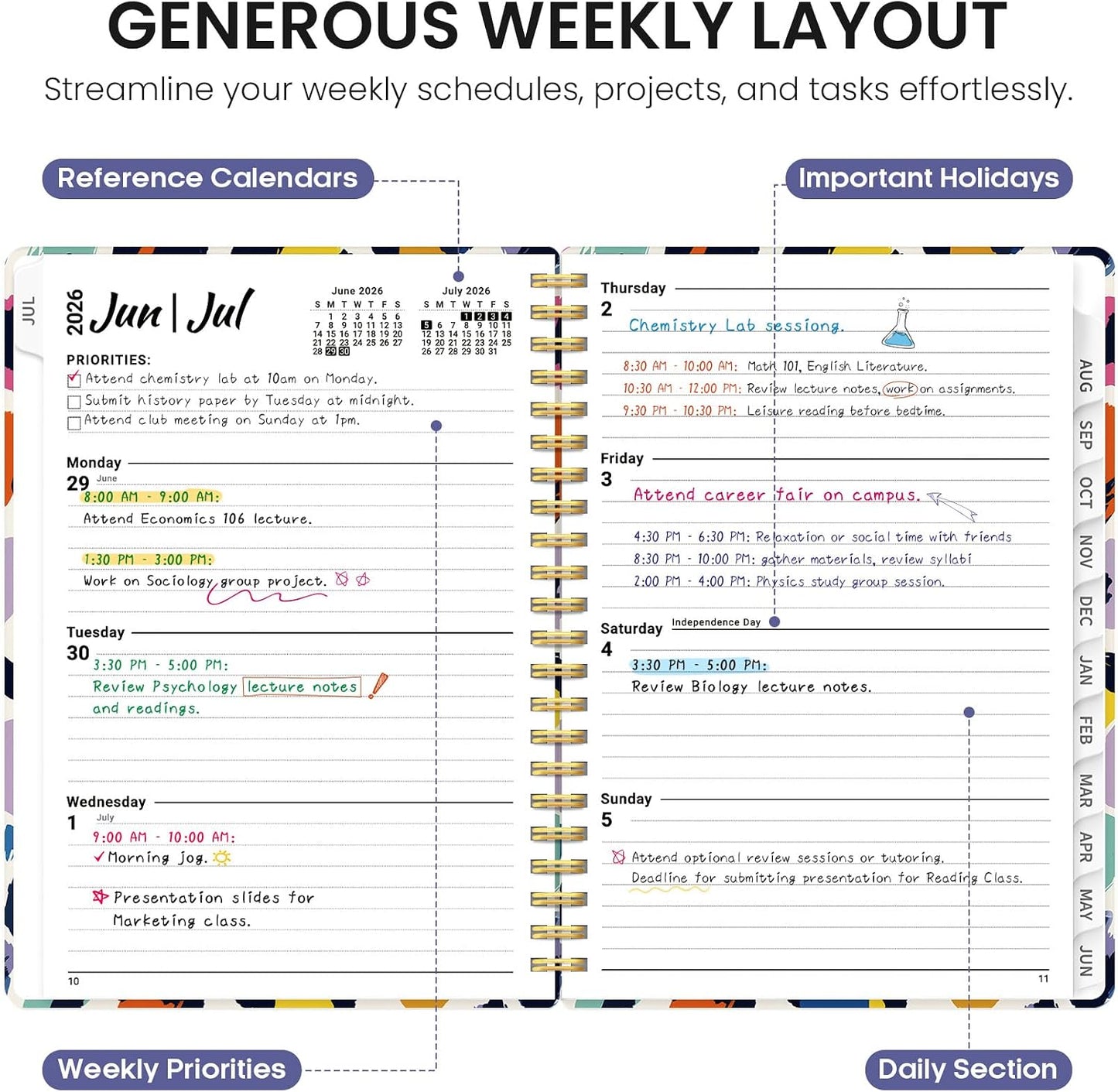 Planner 2026-2027, Jul 2026-Jun 2027 Academic Monthly & Weekly Planner - Colors B