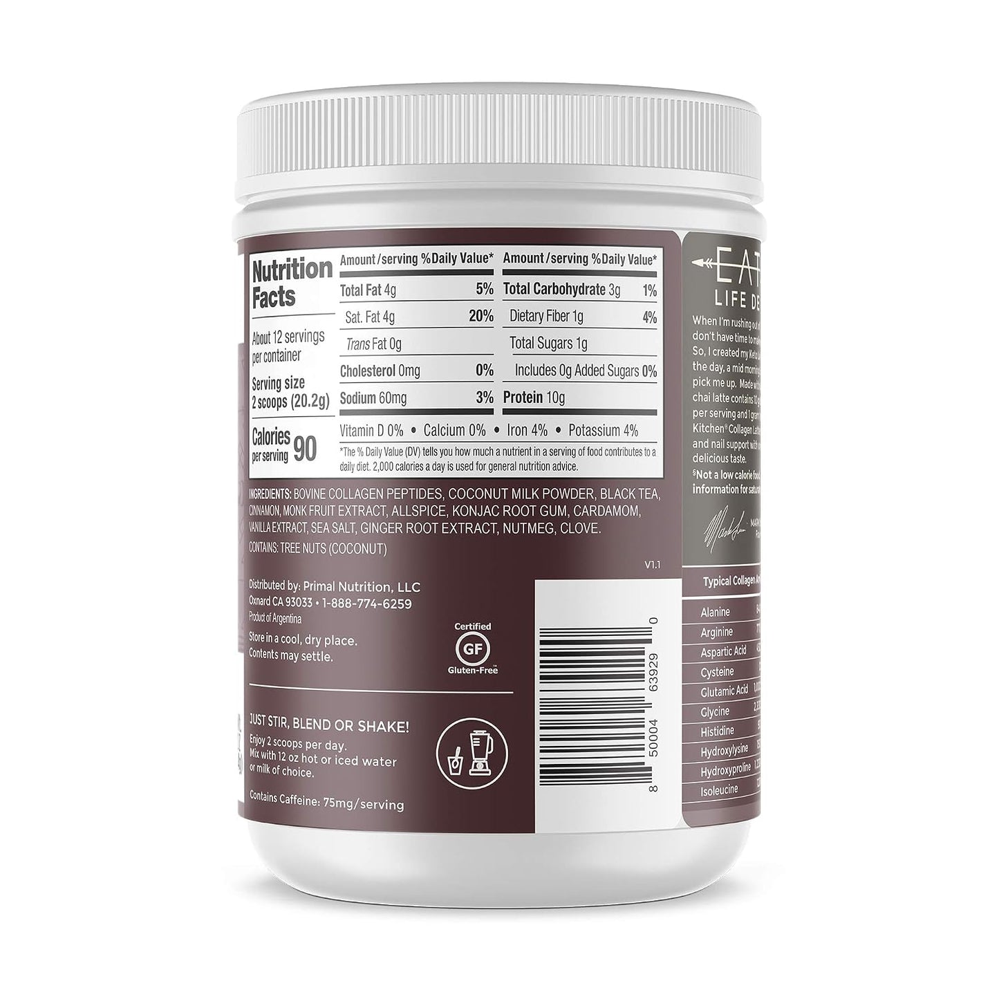 Primal Kitchen Matcha Collagen Keto Latte Powder, Sugar-Free Collagen Peptides, 9.33 Ounces