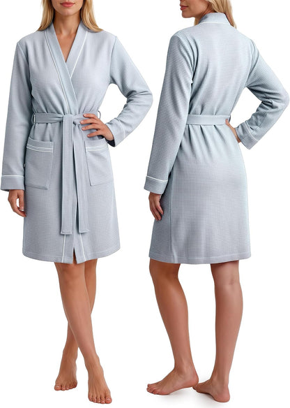 Cotton Blend Lightweight Waffle Robe for Women Knee-Length Soft Bathrobe