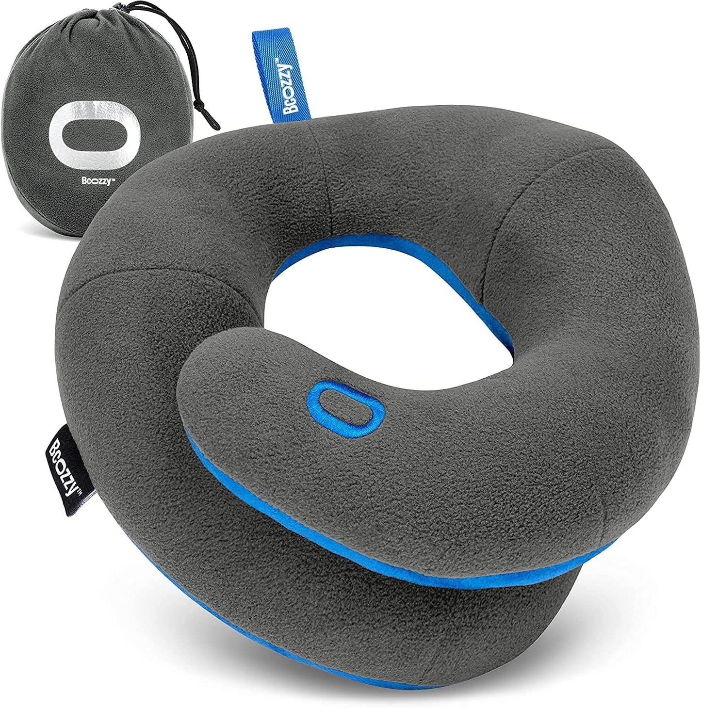 BCOZZY Travel Neck Pillow for Airplane– Patented Double Support for Head, Neck, and Chin. Best for Long Flights, Plane Sleeping, and Car Rides. Adjustable Size. Fully Washable. Carry Bag. Large, Black