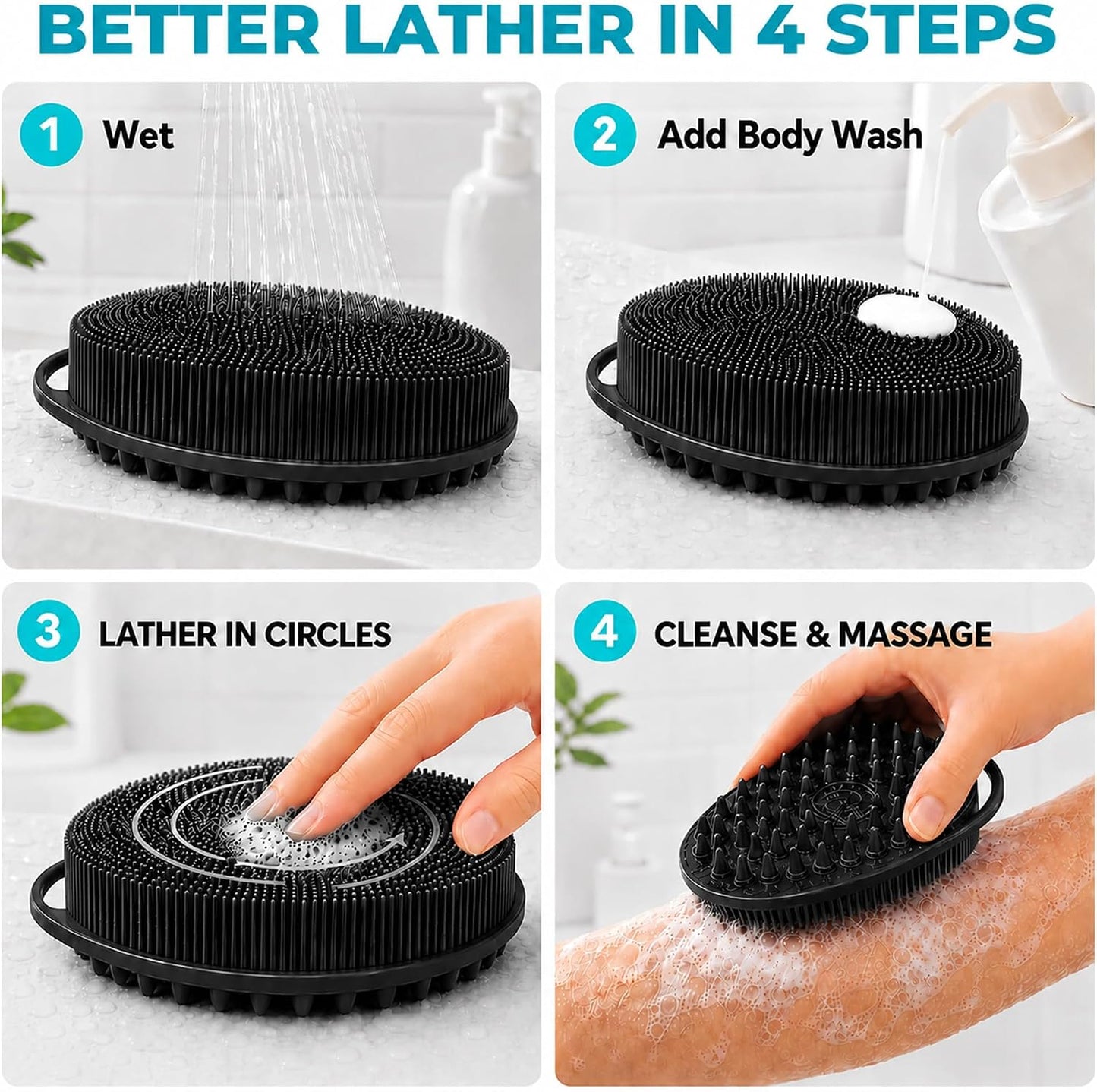 2 Pack Silicone Body Scrubber, Loofah Double-Sided Body Brush,Shower Scrubber and Scalp Massager Shampoo Brush for Sensitive Kids Women Men All Kinds of Skin (Black & Pink)