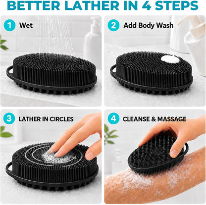 2 Pack Silicone Body Scrubber, Loofah Double-Sided Body Brush,Shower Scrubber and Scalp Massager Shampoo Brush for Sensitive Kids Women Men All Kinds of Skin (Black & Pink)