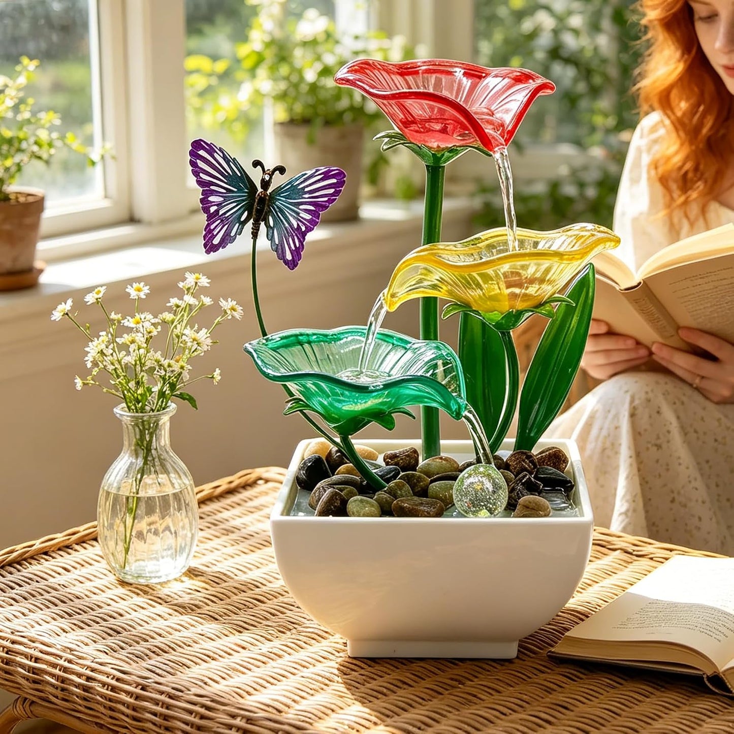 Tabletop Fountain,Indoor Water Fountain,Home Fengshui Décor Zen Relaxation Soothing Sound Machine for Office,Living Room,or Bedroom,Green Lotus,Hummingbird & Pink Flower,9.1inch
